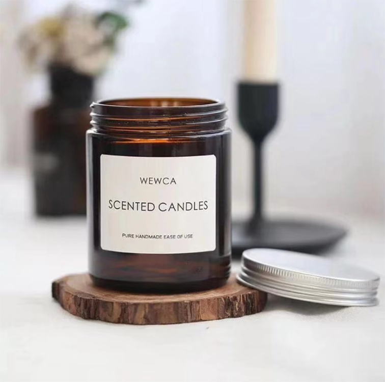 Beautiful design 100ml 200ml Wide mouth round frosted amber glass candle jar with lid