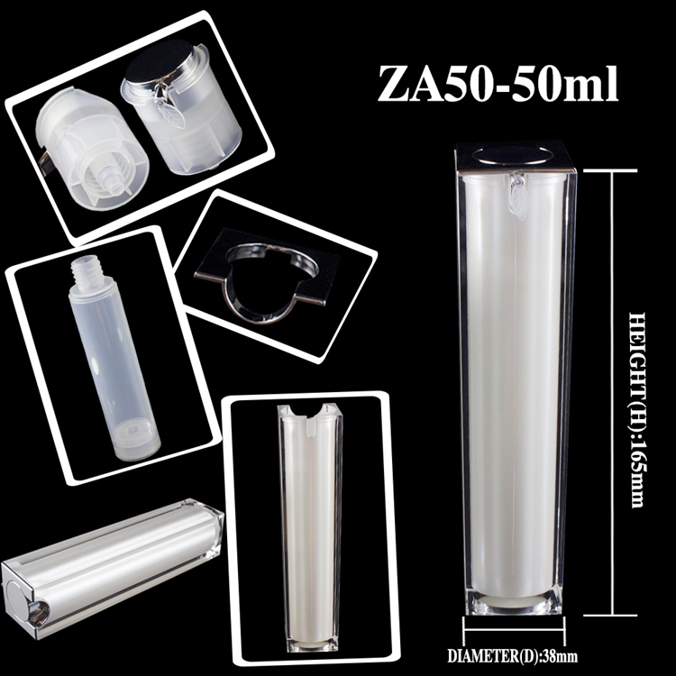 Beautiful pearl white 50ml airless pump bottle, square empty airless bottle with pump for cosmetic, ailress lotion pump bottle