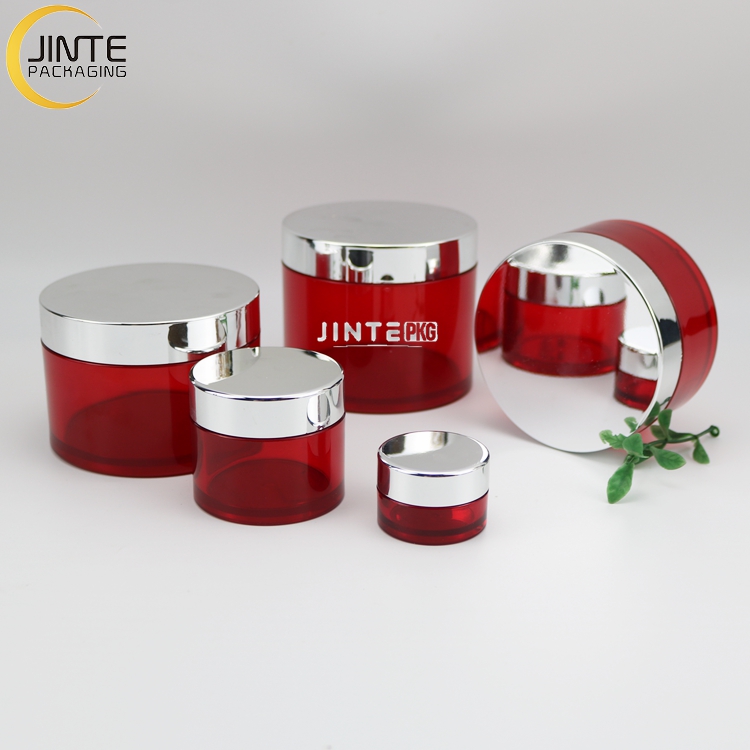 Beauty Cosmetics Containers PETG jar 1oz 2oz 4oz 8oz Red color with shiny silver lids for skin care face cream luxury container