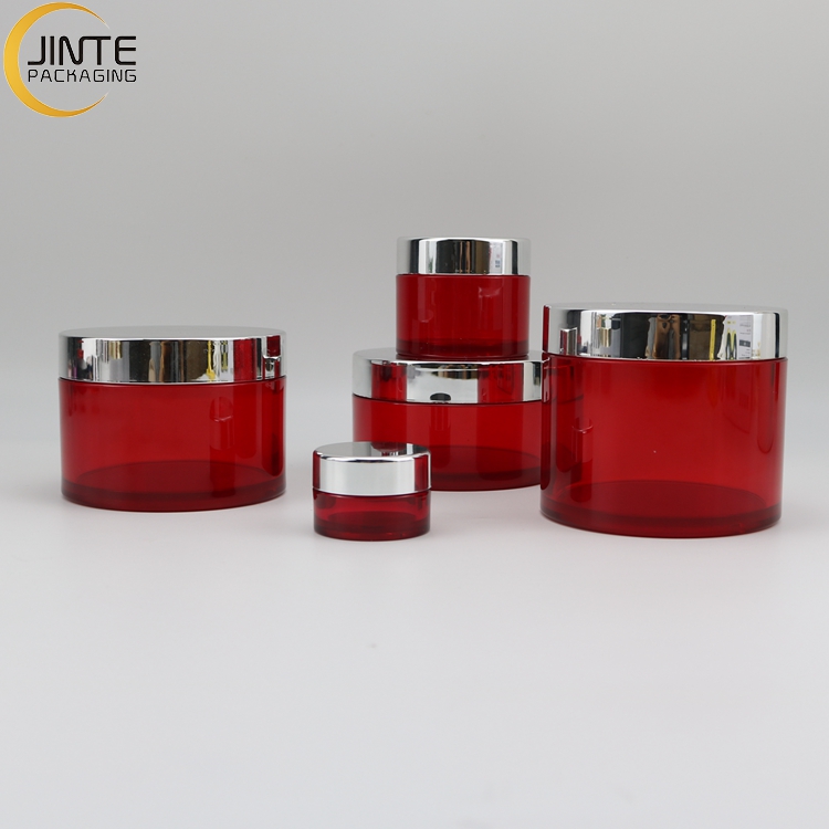 Beauty Cosmetics Containers PETG jar 1oz 2oz 4oz 8oz Red color with shiny silver lids for skin care face cream luxury container