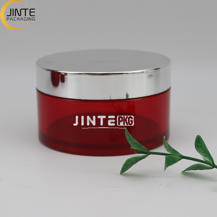 Beauty Cosmetics Containers PETG jar 1oz 2oz 4oz 8oz Red color with shiny silver lids for skin care face cream luxury container