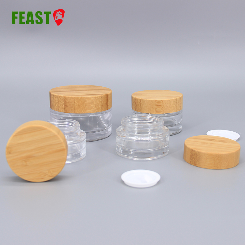 Beauty Glass Jars for Cosmetic Cream with Bamboo Lid 100ml Round Bamboo Face Cream Jar