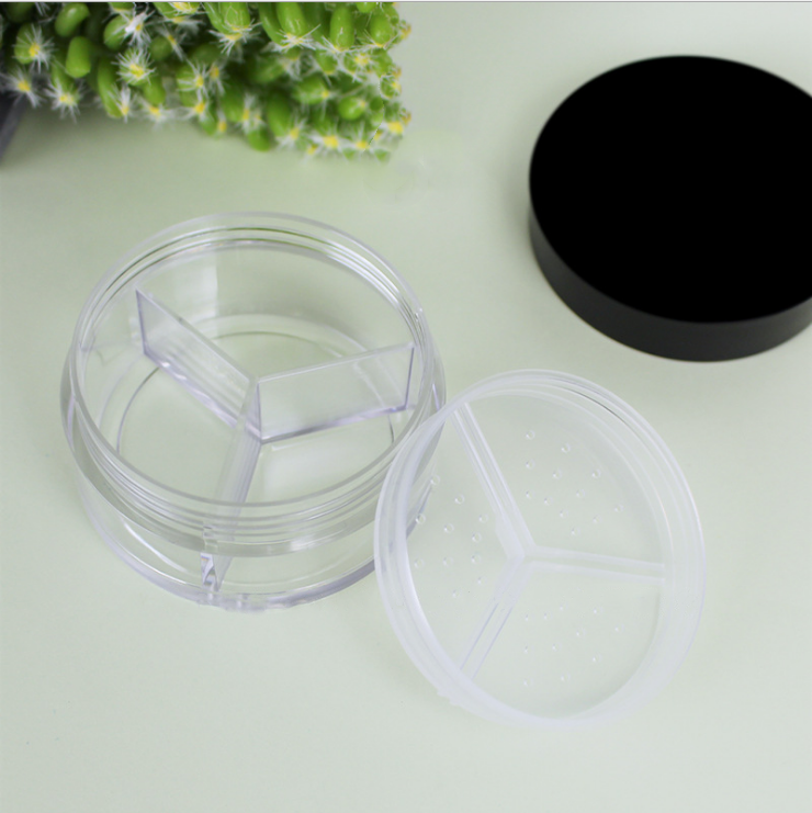 Beauty cosmetics empty packaging ABS plastic box round powder compact with inner plug three dispersion powder compact setting