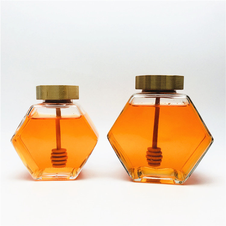 Bee honeycomb shaped honey glass jars with wooden stick 220ml 380ml