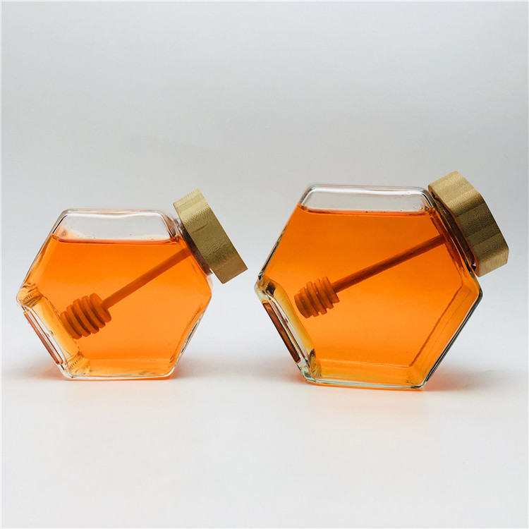 Bee honeycomb shaped honey glass jars with wooden stick 220ml 380ml