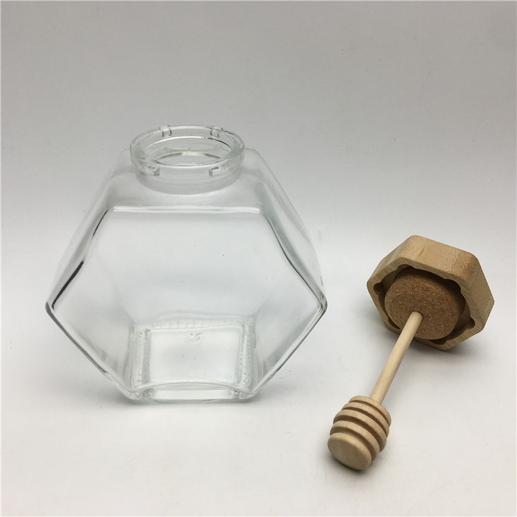 Bee honeycomb shaped honey glass jars with wooden stick 220ml 380ml