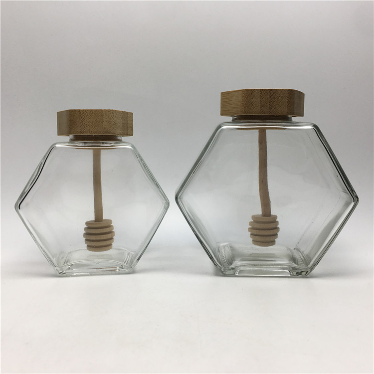 Bee honeycomb shaped honey glass jars with wooden stick 220ml 380ml