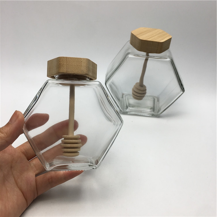 Bee honeycomb shaped honey glass jars with wooden stick 220ml 380ml