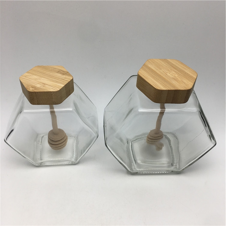 Bee honeycomb shaped honey glass jars with wooden stick 220ml 380ml