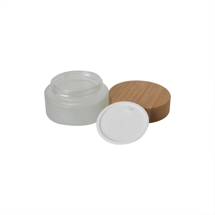 Best price cosmetic 15g 30g 50g frosted clear glass jar for face cream with wood plastic grain lids