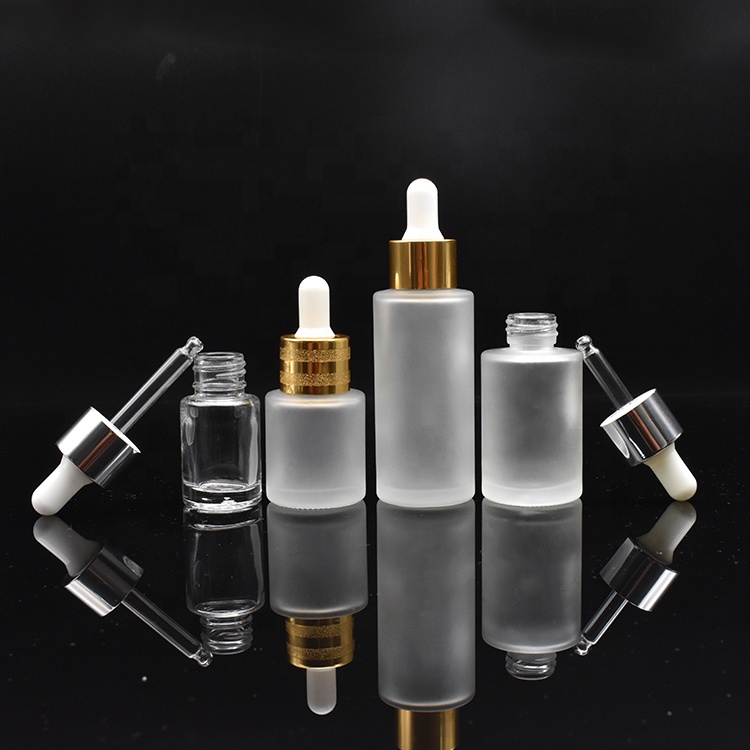 Best quality 10ml 20ml 30ml 50ml frosted glass serum bottle flat shoulder dropper glass bottle with gold silver aluminum cap