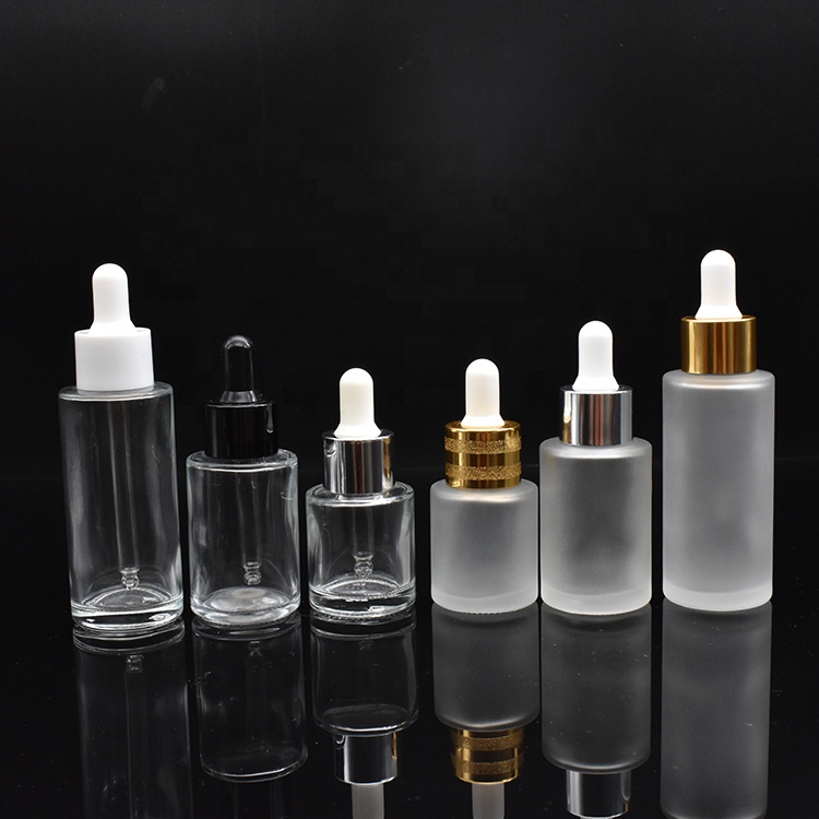 Best quality 10ml 20ml 30ml 50ml frosted glass serum bottle flat shoulder dropper glass bottle with gold silver aluminum cap