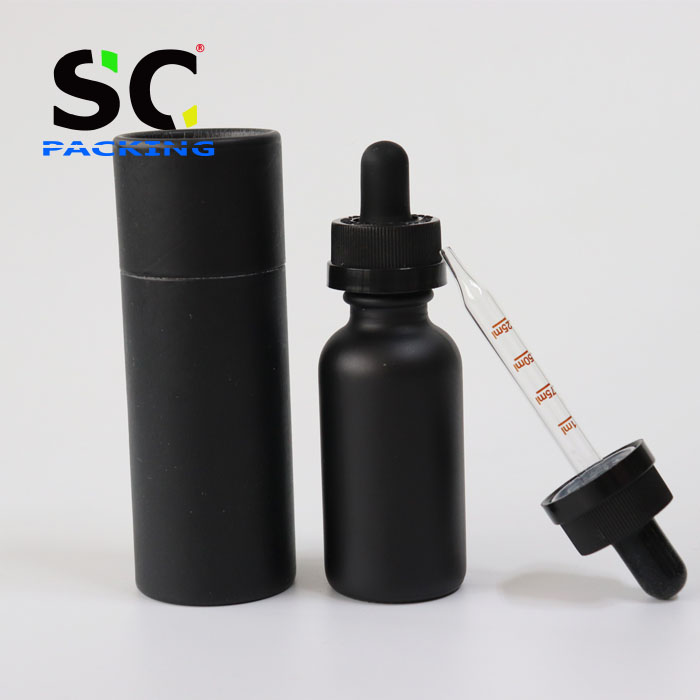 Best selling 30ml black frosted cosmetic bottle essential oil bottle with measurement pipette and paper tube packaging