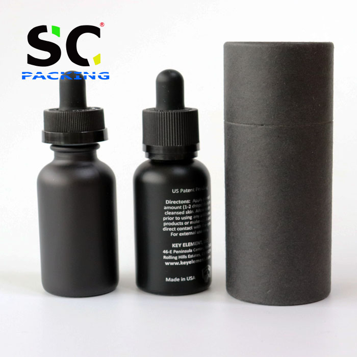 Best selling 30ml black frosted cosmetic bottle essential oil bottle with measurement pipette and paper tube packaging