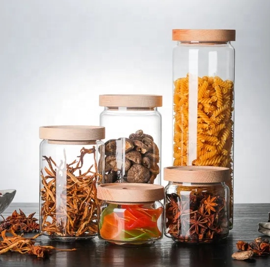 Best selling high borosilicate glass container honey jar clear glass food storage jar and bottle with airtight bamboo lid