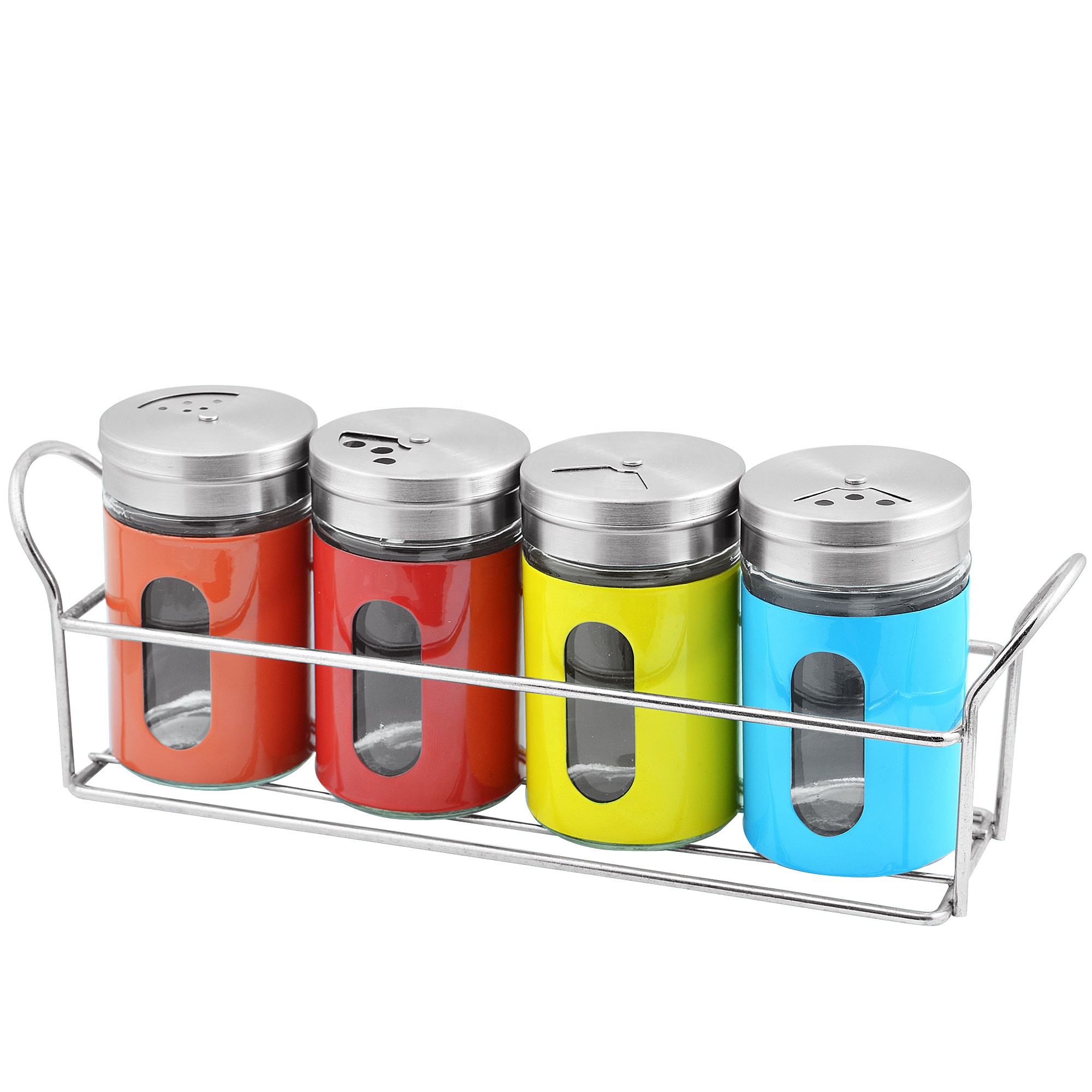 Best selling mini glass spice jars rack set with metal stand