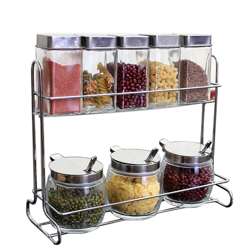 Best selling mini glass spice jars rack set with metal stand
