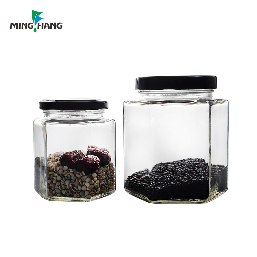 Best selling square Food storage glass jar dry fruit glass bottle with black tin lid