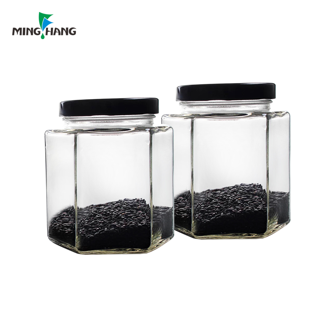 Best selling square Food storage glass jar dry fruit glass bottle with black tin lid