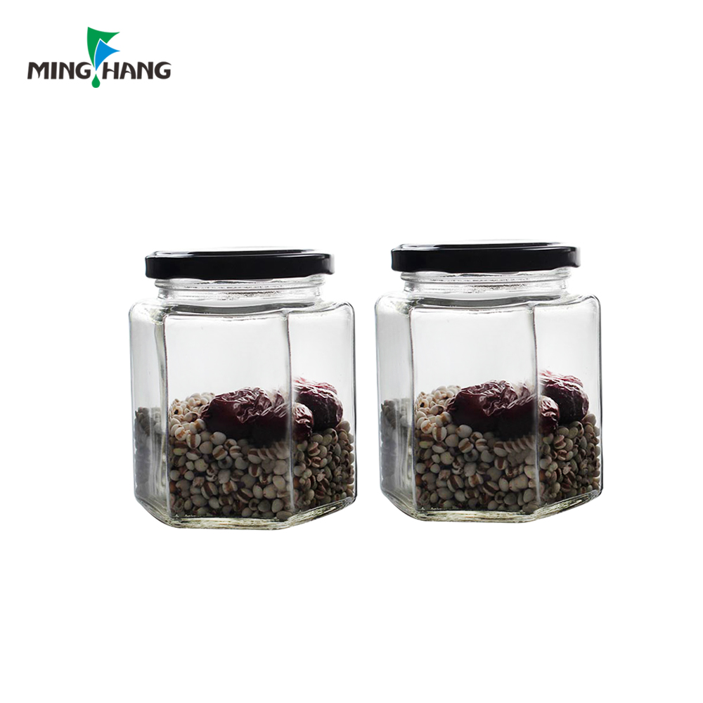 Best selling square Food storage glass jar dry fruit glass bottle with black tin lid
