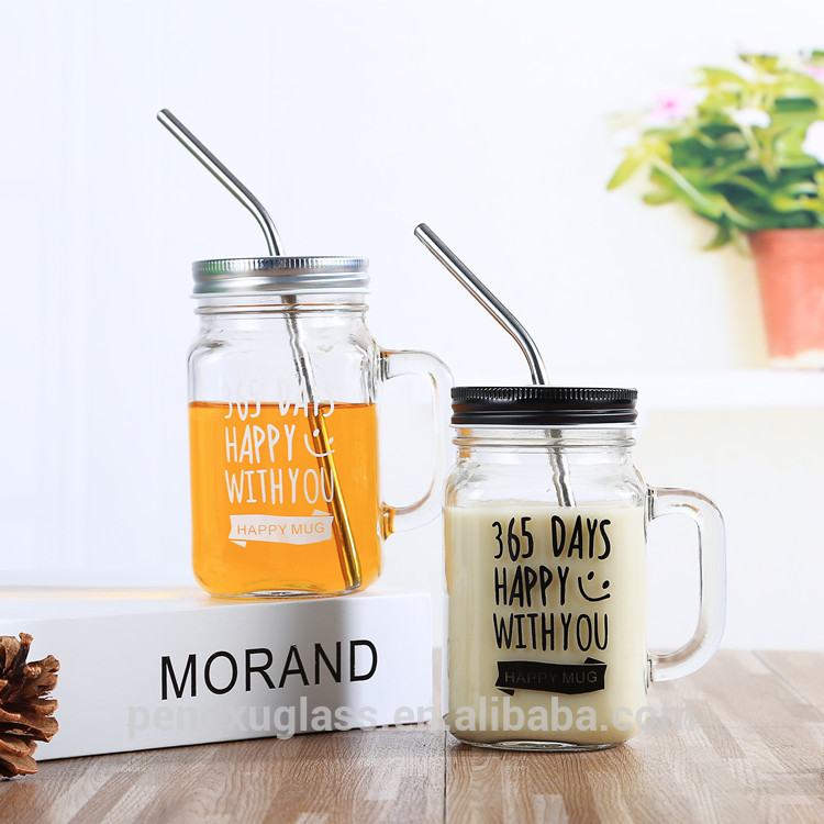 Beverage drink juice mason jar 16oz 450ml drinking glass mason jar with lids and stainless steel straw