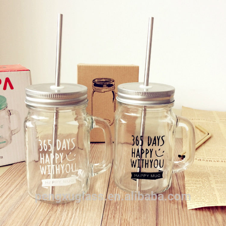 Beverage drink juice mason jar 16oz 450ml drinking glass mason jar with lids and stainless steel straw