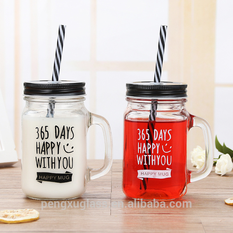 Beverage drink juice mason jar 16oz 450ml drinking glass mason jar with lids and stainless steel straw