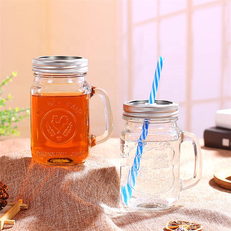 Beverage glass jars 16 oz with lids and straws clear rooster mason jar glass custom embossed