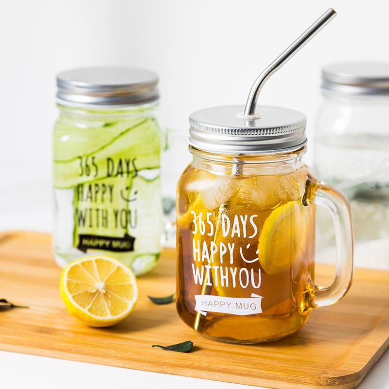 Beverage use Factory produced hot sale custom embossed differ color lid and straw glass mason jar with handle