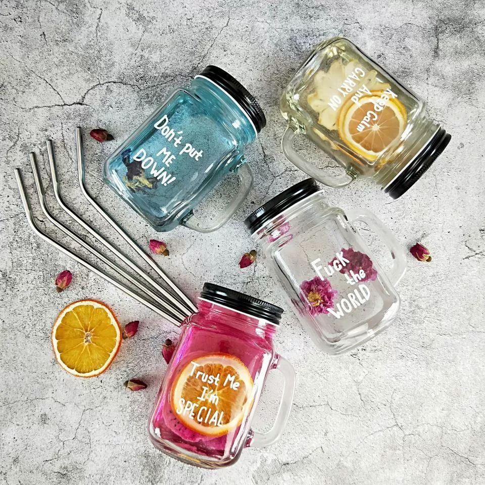 Beverage use Factory produced hot sale custom embossed differ color lid and straw glass mason jar with handle