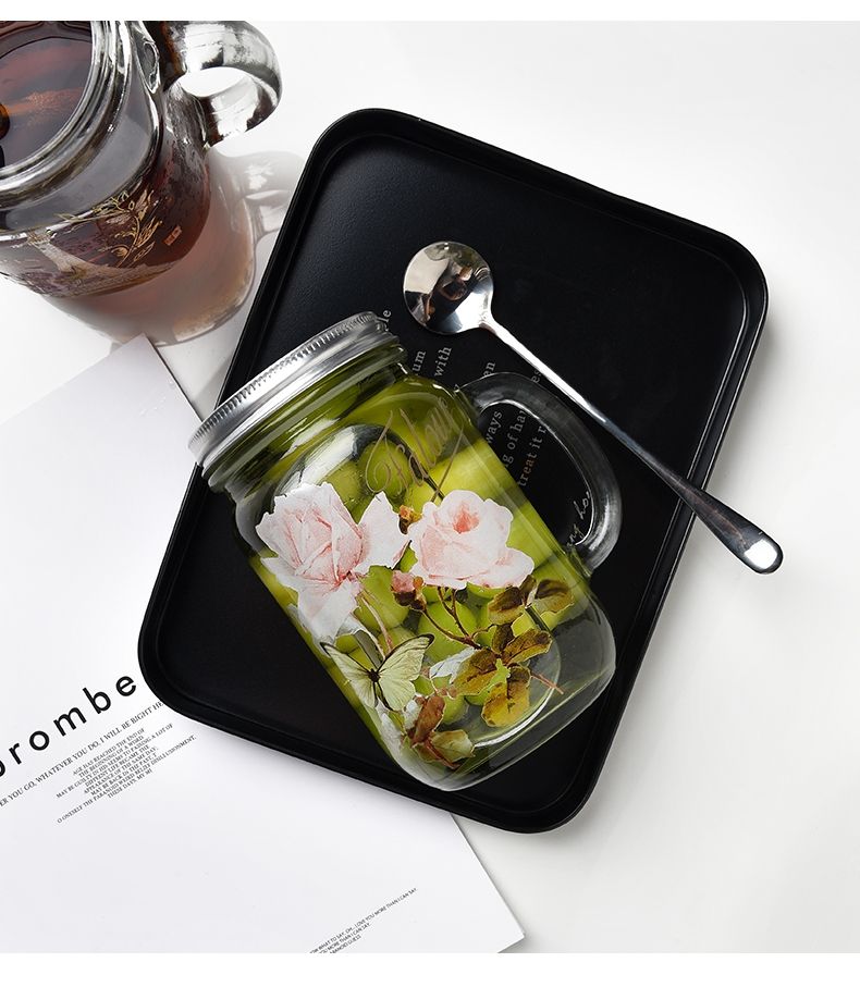 Beverage use Factory produced hot sale custom embossed differ color lid and straw glass mason jar with handle