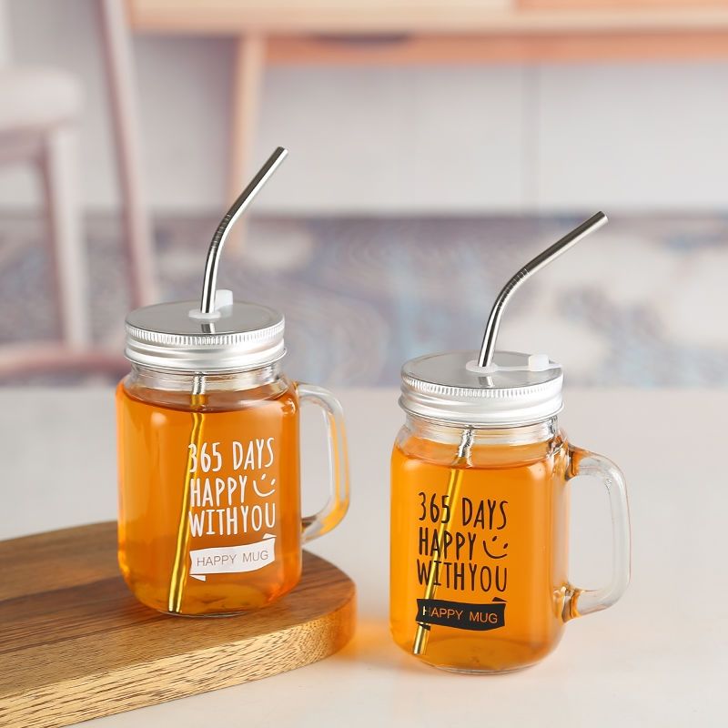 Beverage use Factory produced hot sale custom embossed differ color lid and straw glass mason jar with handle