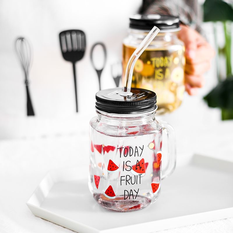 Beverage use Factory produced hot sale custom embossed differ color lid and straw glass mason jar with handle