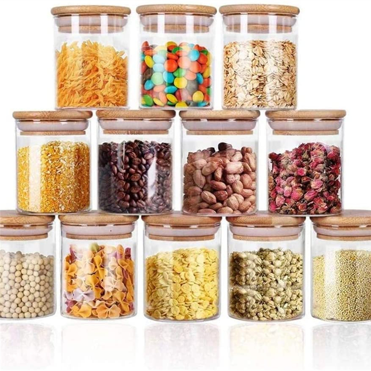 Big Size Kitchen Food Clear Glass Bamboo Sets Airtight Stackable Storage Jar With Lid