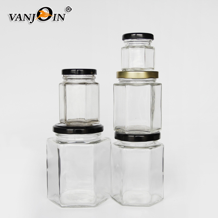 Big honey jars 730ml hexagonal glass jar with canning lid for organic honey