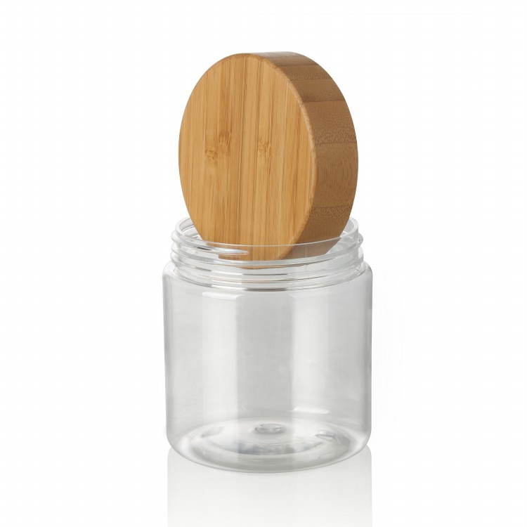 Big size 150ml 250ml 500ml clear plastic cosmetic packaging jars with bamboo screw lid