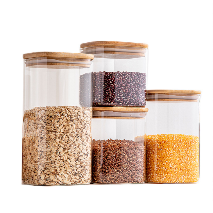 Big size Square Airtight Borosilicate Food Container Glass jars with Bamboo Lid