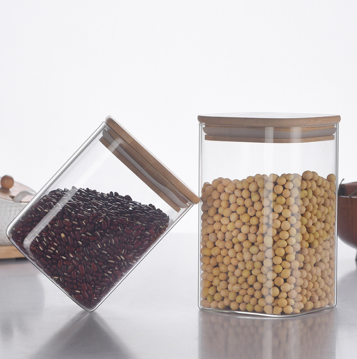 Big size Square Airtight Borosilicate Food Container Glass jars with Bamboo Lid