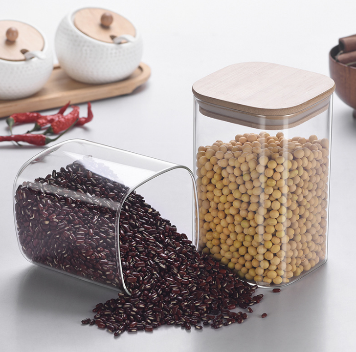 Big size Square Airtight Borosilicate Food Container Glass jars with Bamboo Lid