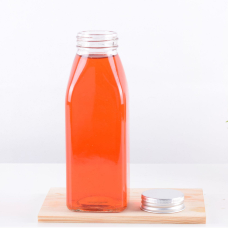 Big volume 250ml 350ml 500ml 12oz cold pressed square juice glass bottle with Metal lid cork