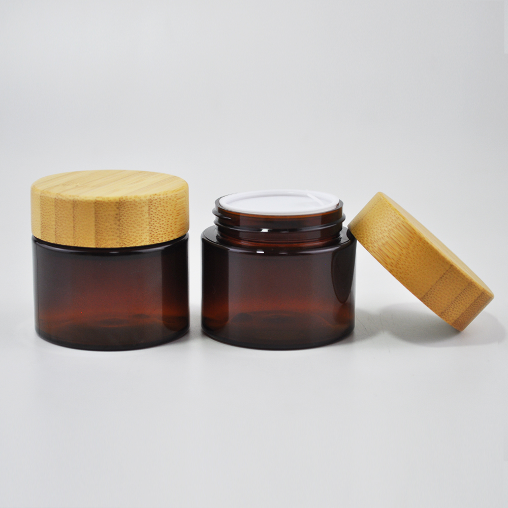 Biodegradable plastic cosmetic container 50ml amber pet face cream jar with bamboo lid