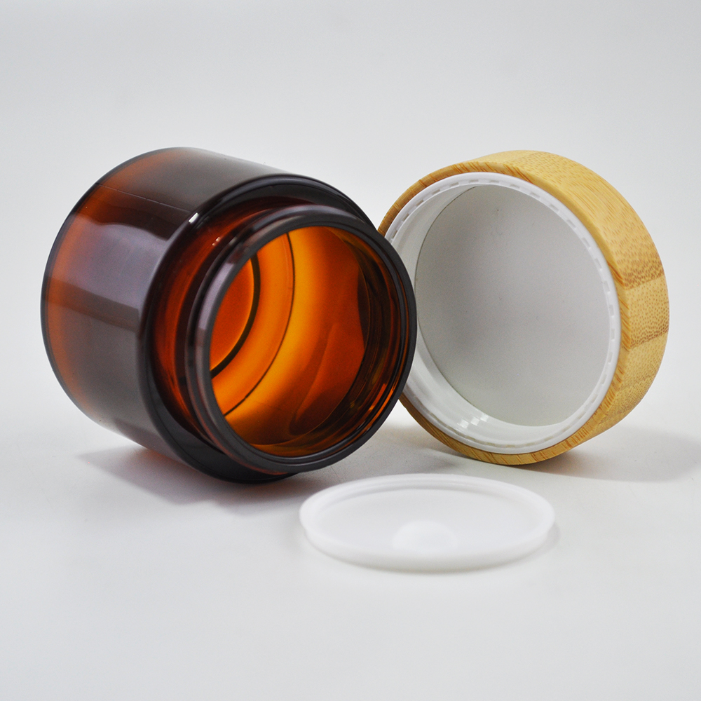 Biodegradable plastic cosmetic container 50ml amber pet face cream jar with bamboo lid