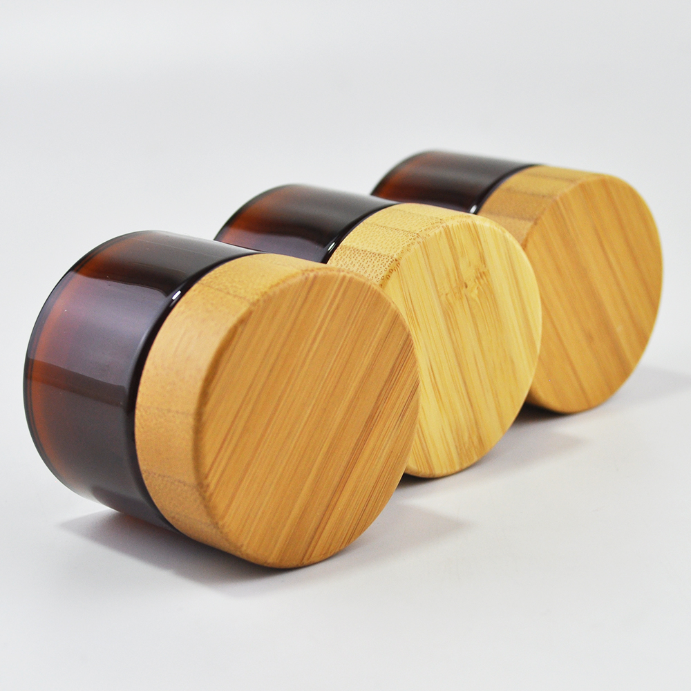 Biodegradable plastic cosmetic container 50ml amber pet face cream jar with bamboo lid