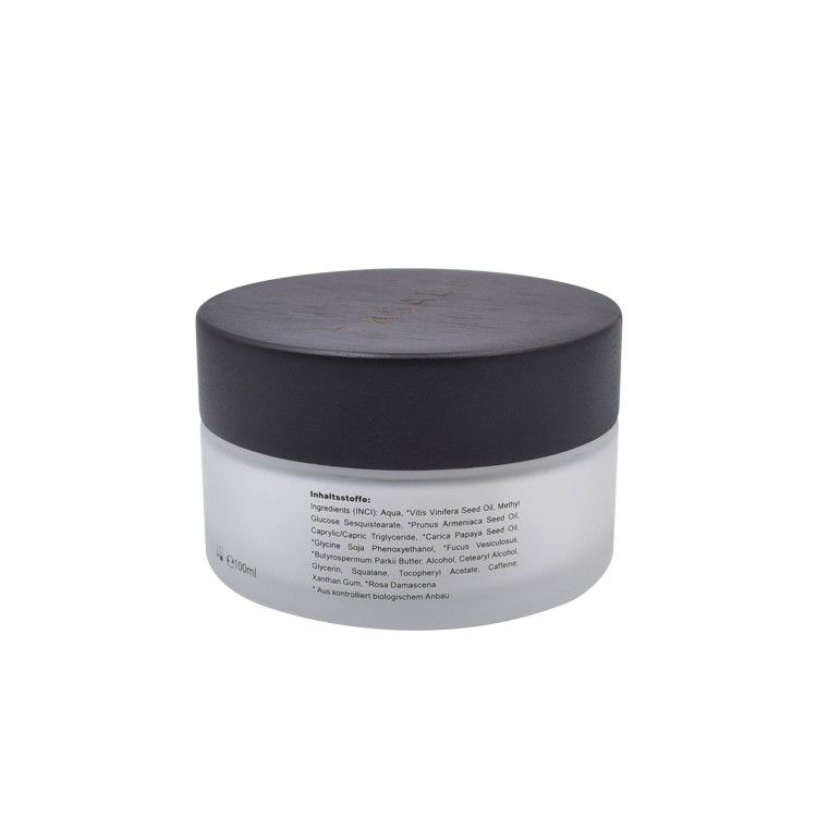 Biodegradable wooden lid cosmetic cream empty jar 100g 120g 200g large volume  frosted glass jar for cosmetic usage