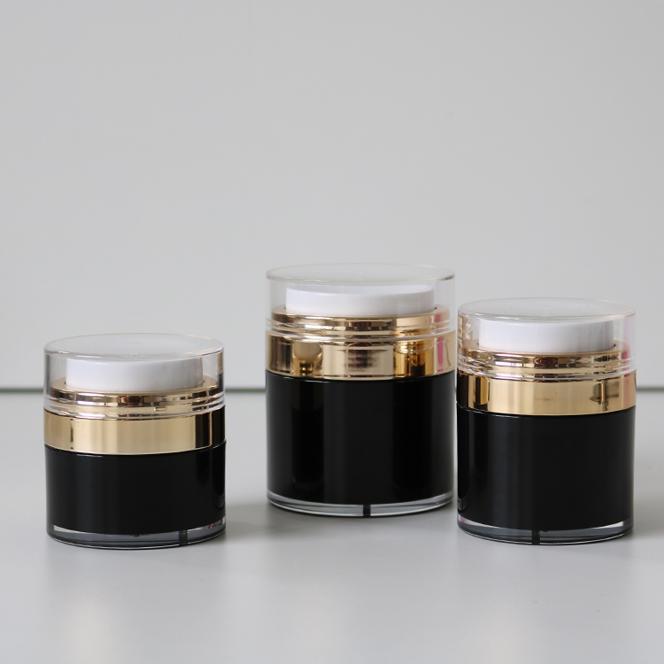 Black Acrylic Cosmetic Jar With Rose Gold Neck and Clear Dust Cover Used For Storing Men's Skincare Products