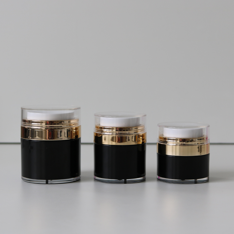 Black Acrylic Cosmetic Jar With Rose Gold Neck and Clear Dust Cover Used For Storing Men's Skincare Products