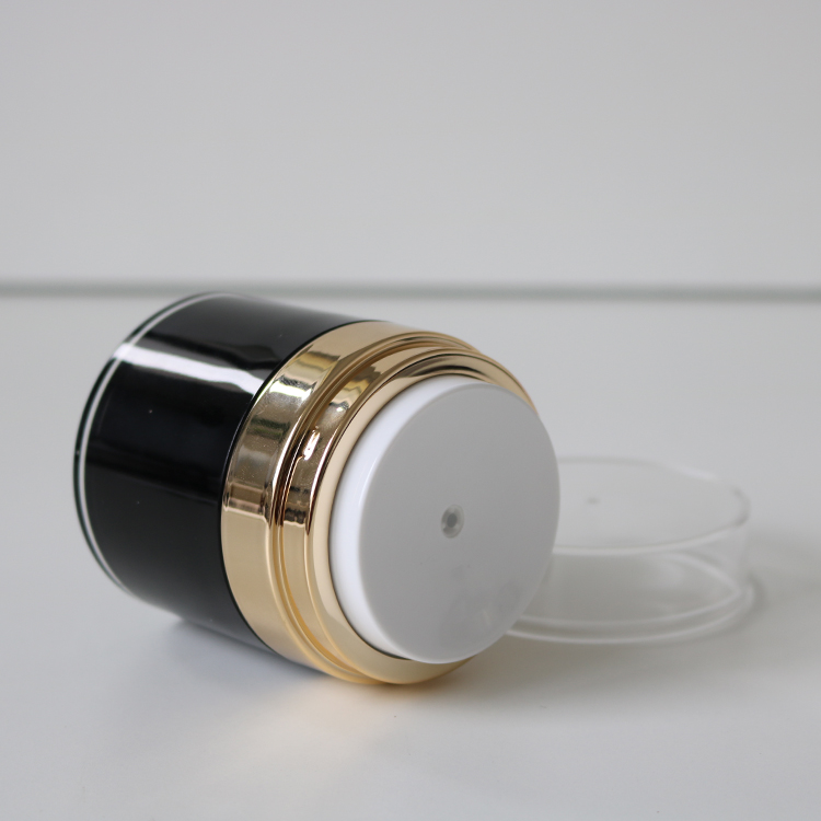 Black Acrylic Cosmetic Jar With Rose Gold Neck and Clear Dust Cover Used For Storing Men's Skincare Products