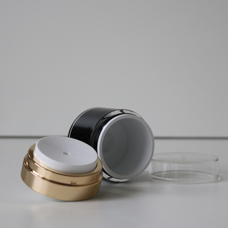 Black Acrylic Cosmetic Jar With Rose Gold Neck and Clear Dust Cover Used For Storing Men's Skincare Products