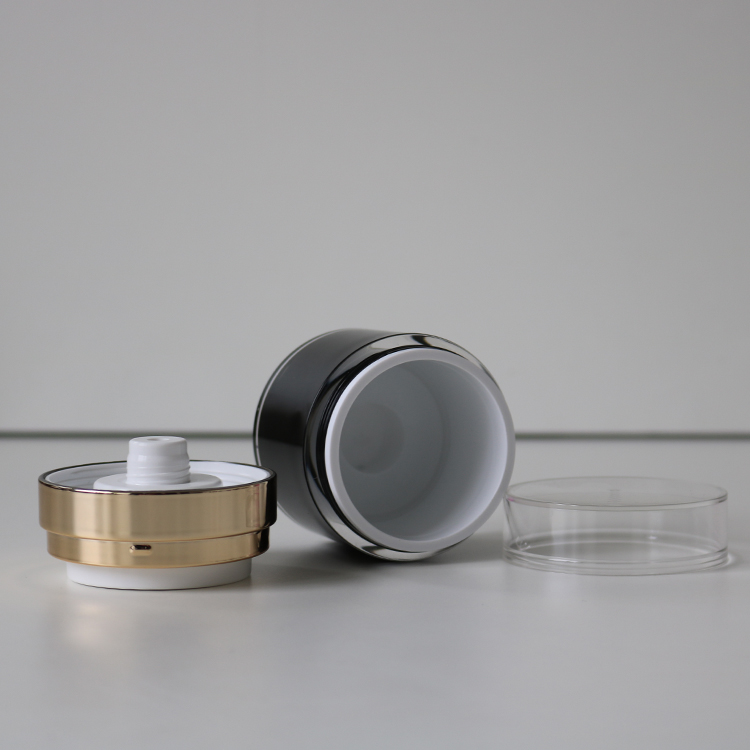 Black Acrylic Cosmetic Jar With Rose Gold Neck and Clear Dust Cover Used For Storing Men's Skincare Products
