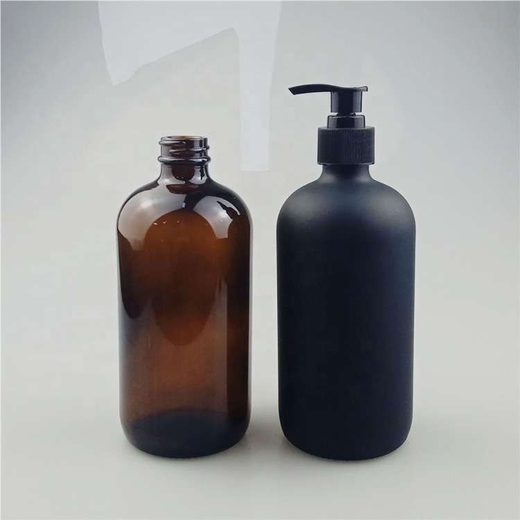 Black Boston Round Glass Lotion soap pump Bottle 500ml With Pump Dispenser